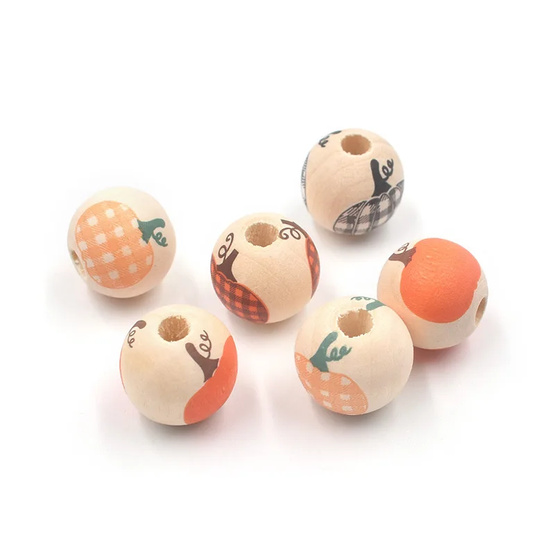 XuQian 16mm Natural Wooden Loose Beads Round Ball Pumpkin Spacer Beads for Halloween Party Crafts