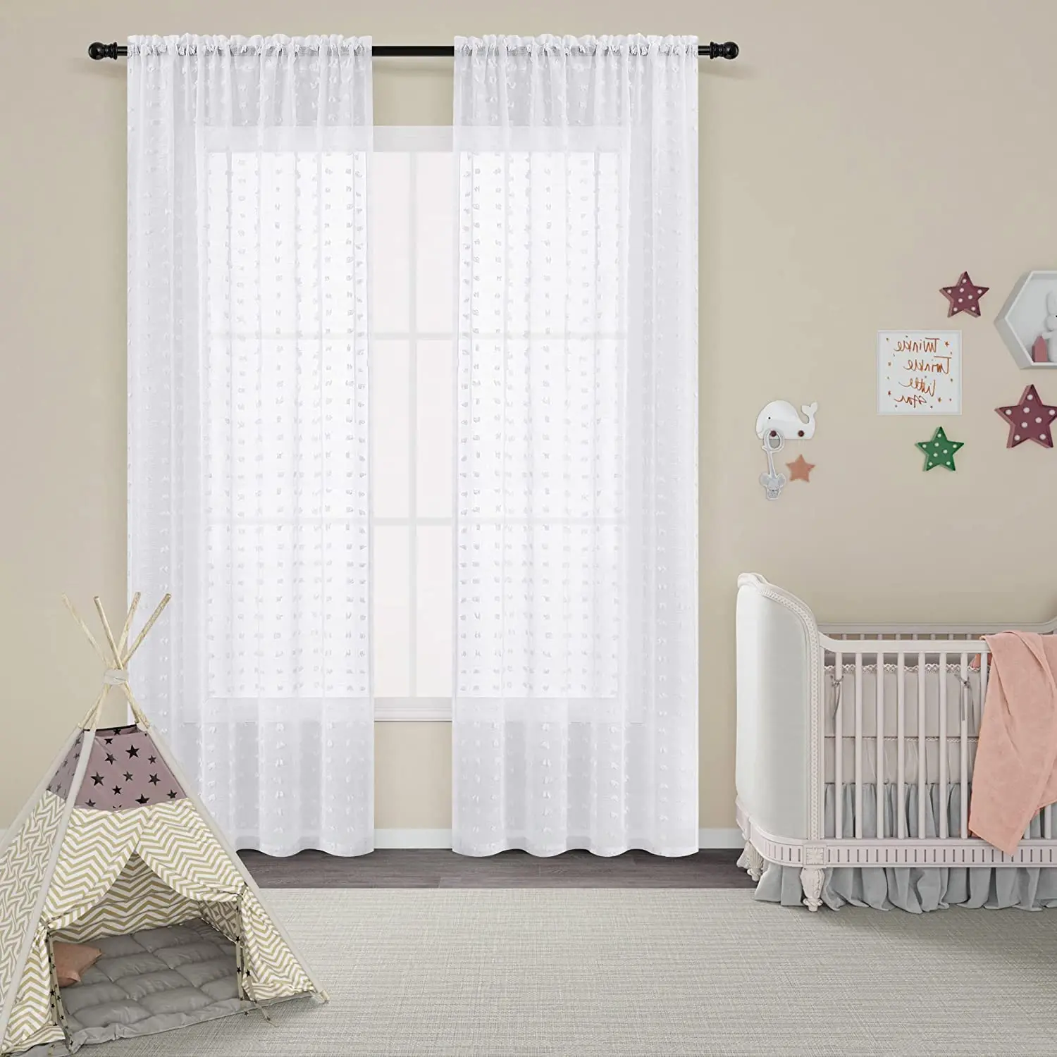 White Sheer Curtains for Living Room Bedroom White Farmhouse Boho Drapes White Pom Pom Curtains Rod Pocket