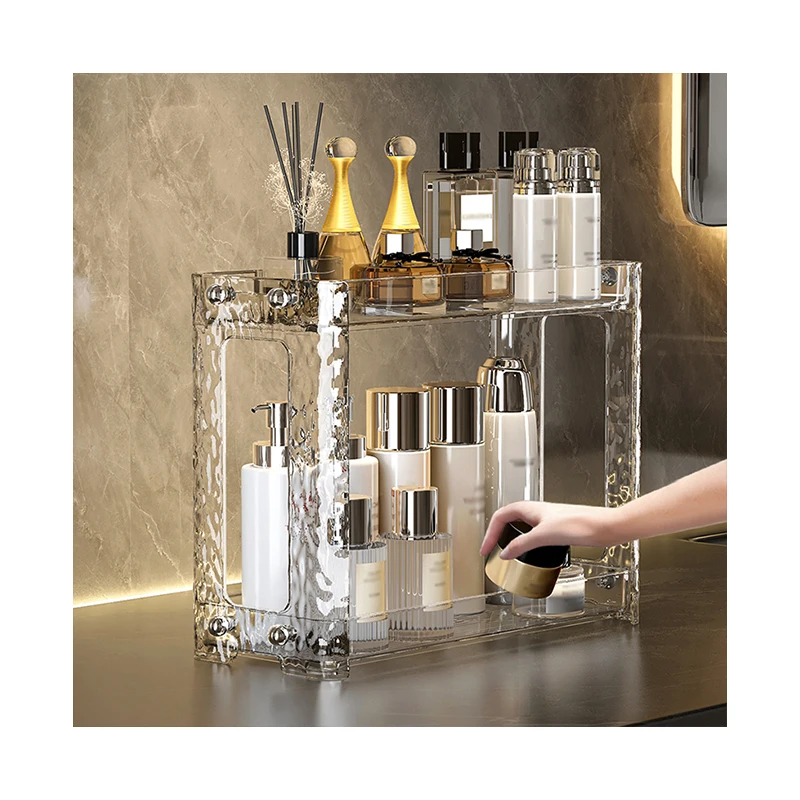 Double-Tier Plastic Bathroom Organizer Storage Shelf Wall-Mounted Makeup Rack with Shower Tool Organizer