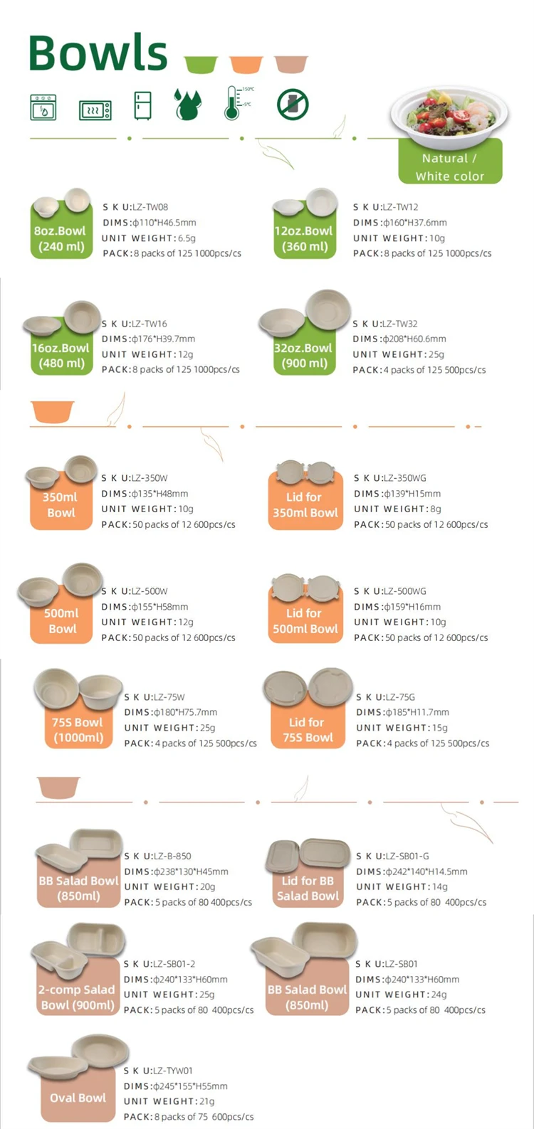 Sugarcane Bagasse Pulp Round With Lid Biodegradable Tableware Salad Bowls Food Safe