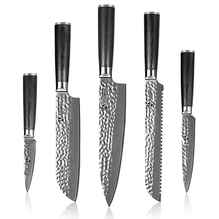 Customized Pakka Wood Handle 5 PCS Professional Chef Knives Damascus Steel Hammed Pattern Santoku Slicer Knife Kitchen Knife Set