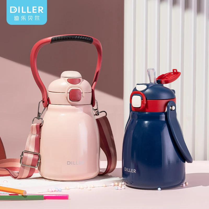 Kids Cute Straw Flask Large Capacity Vacuum Stainless Steel Bottle Portable Potbelly Thermo With Handle And Straps