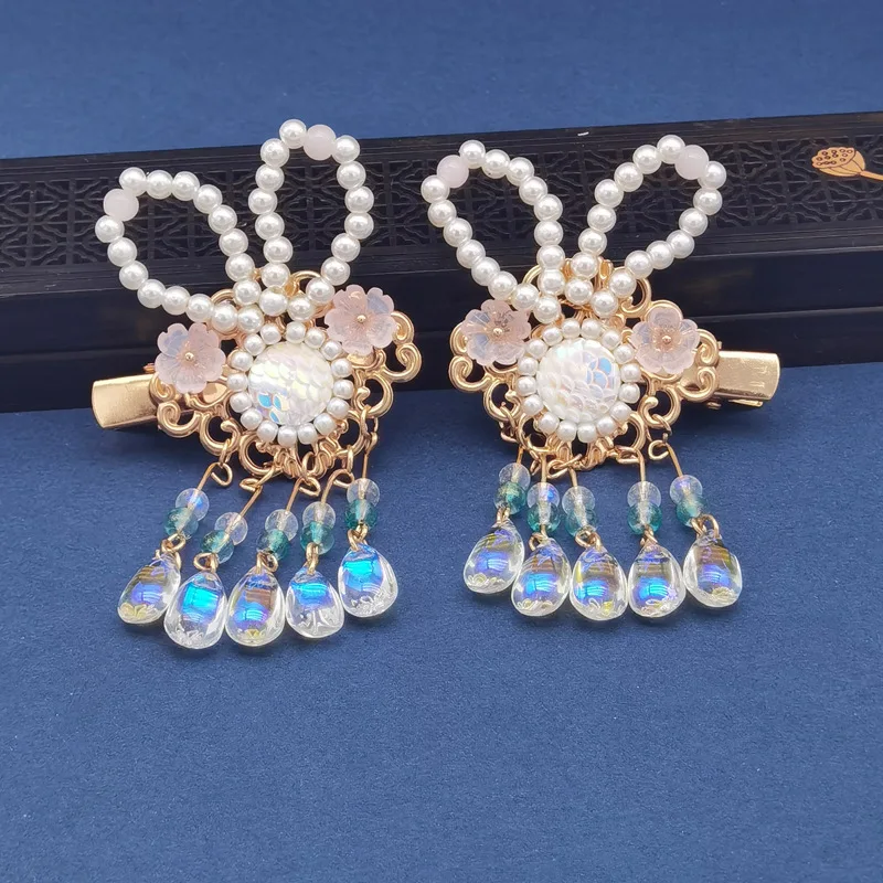 Китайские антикварные заколки Hanfu с кисточками заколка для волос милые аксессуары зажим кроличьими жемчужинами пара