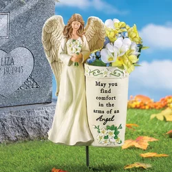 Handcrafts Custom wholesale Resin Angel Statue Memorial Grave Flower Holder Vase Garden Decoration
