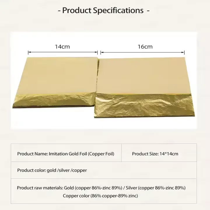 Jinzi High Quality Imitation Gold Leaf Sheets Manufacturer 14*14 16*16 Cm Copper Leaf Sheets For Art Craft