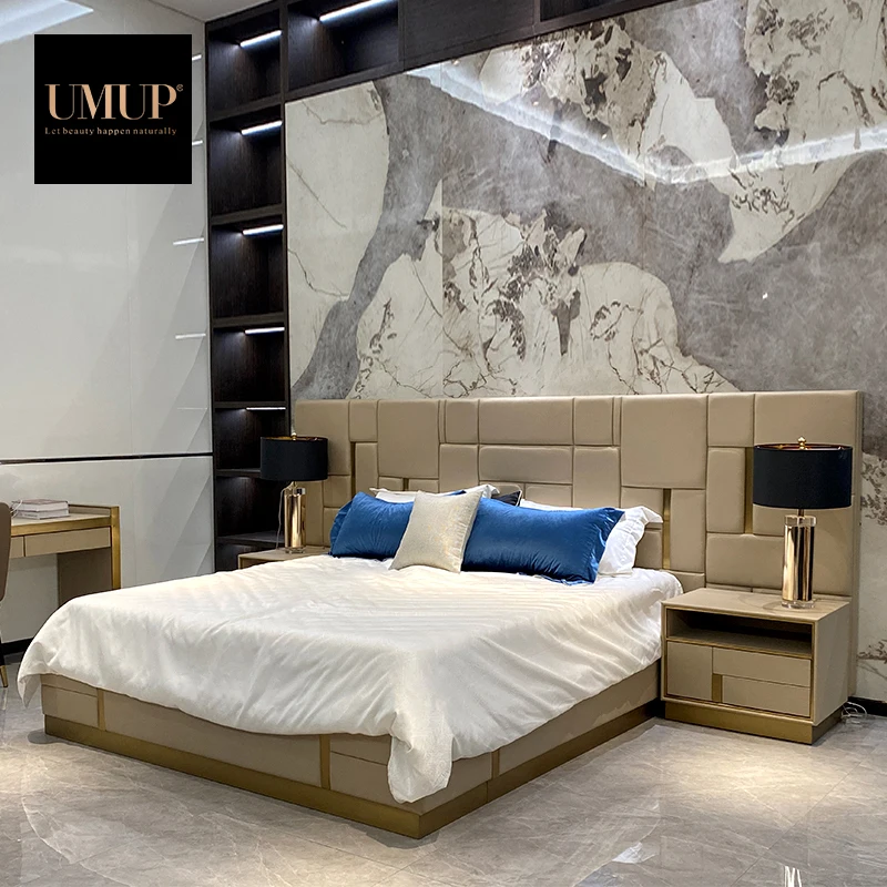 Modern excellent design popular bedroom furniture big size headboard leather & fabric king & queen sizes double bed