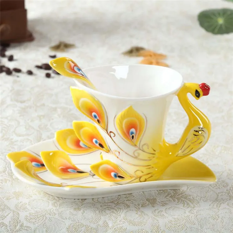 Wholesale 3D Enamel Peacock Shaped High Grade Ceramic Coffee Mug Set OEM Handmade Tea cup coffee cup