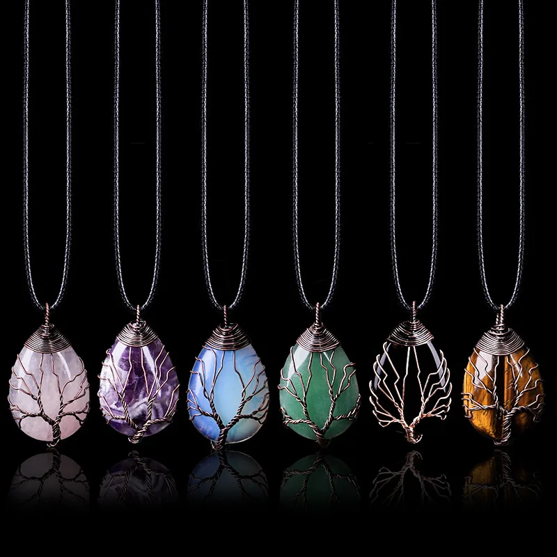 Hot Sale Natural Stone Drop Shape Crystal Pendant Tree of Life Wire Wrapping Pendant Gemstone Necklace Fashion Jewelry