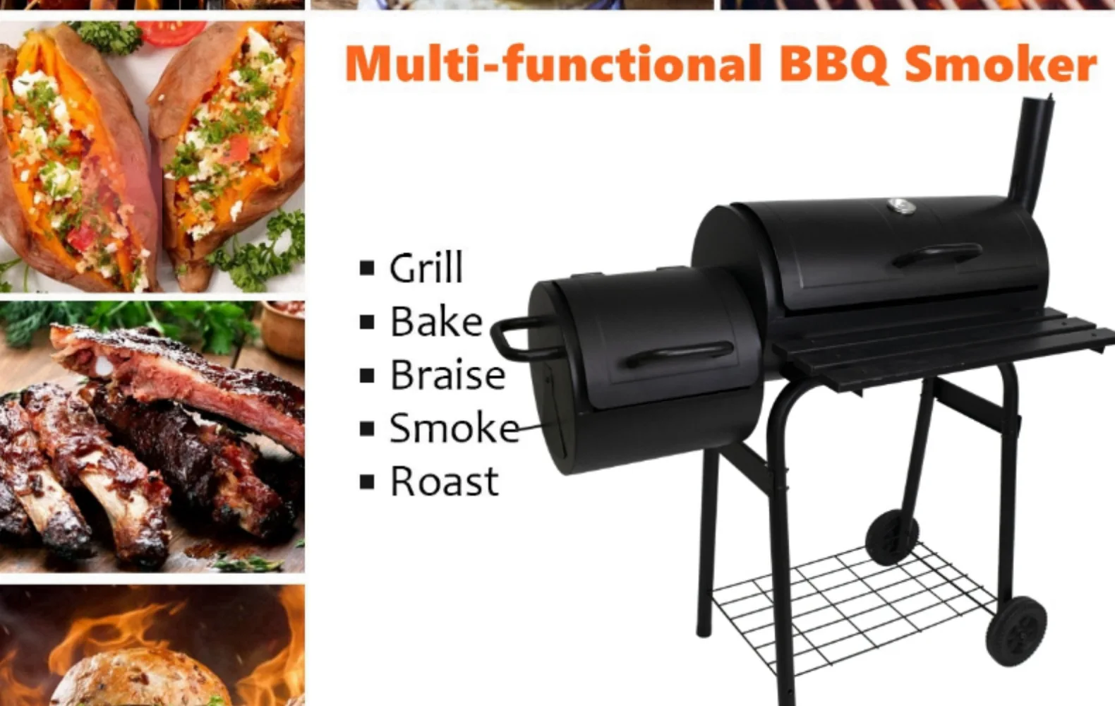 Outdoor Barbecue Trolley Smoker Big Oil Drum Grill Barrel Bbq Charcoal Grill With Folding Side and Front Table