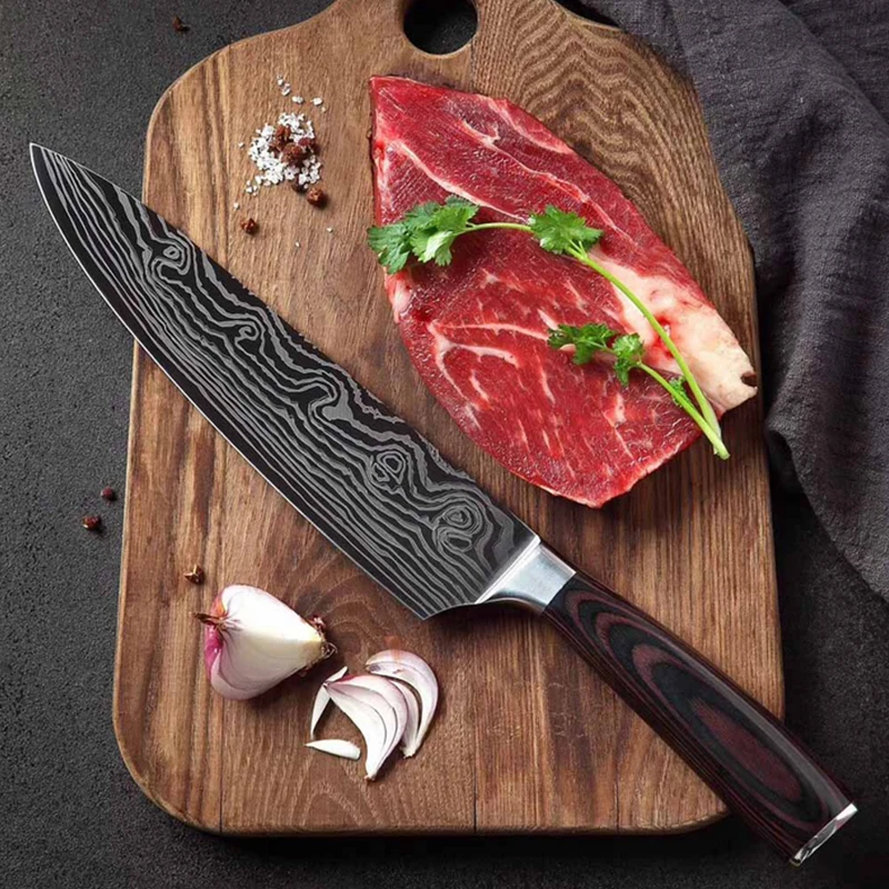 Wholesale price 9pcs sharp wooden stainless steel santoku chef modern knives kitchen knife set