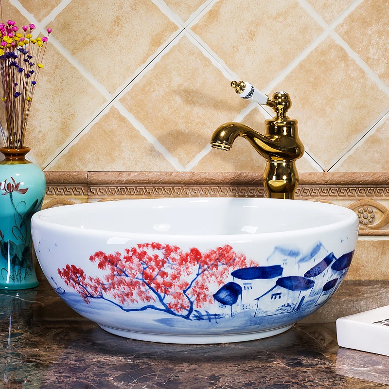 China Painting Plum Blossom Ceramic art handmade countertop ceramic antique wash basin
