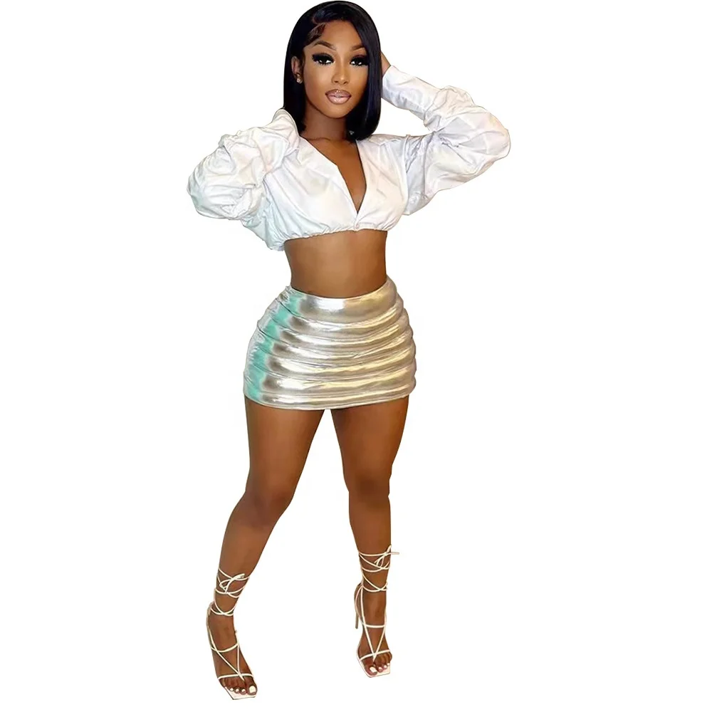 2022 new design silver shiny zipper skirt waterproof fall winter style short puffer skirt for women