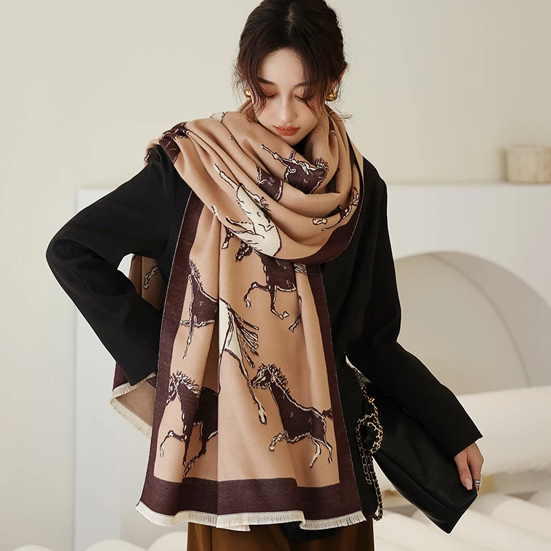 2023 ladies luxury animal horse pattern winter cashmere scarves women solid color plain double sided pashmina shawls