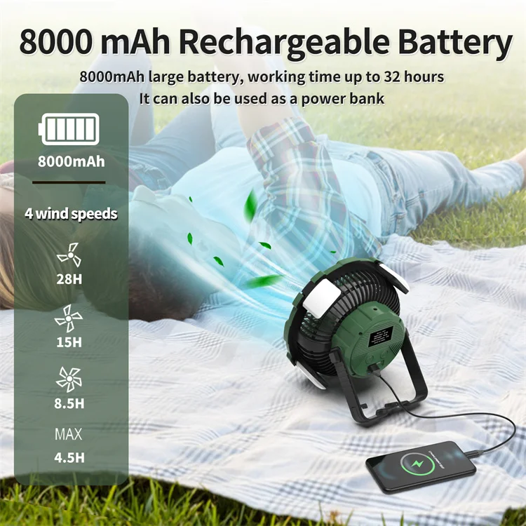 Rechargeable Camping Light Fan with LED Lantern 8000Mah Portable Patio Outdoor Fan