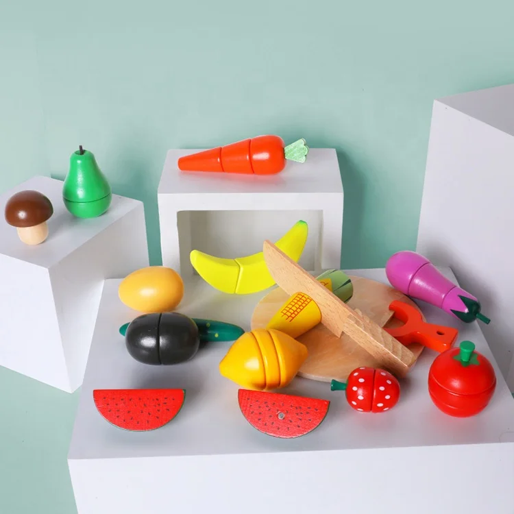 Wooden Cutting Cooking Food Sets Magnetic Wood Vegetables Fruits Pretend Play Kitchen Toy