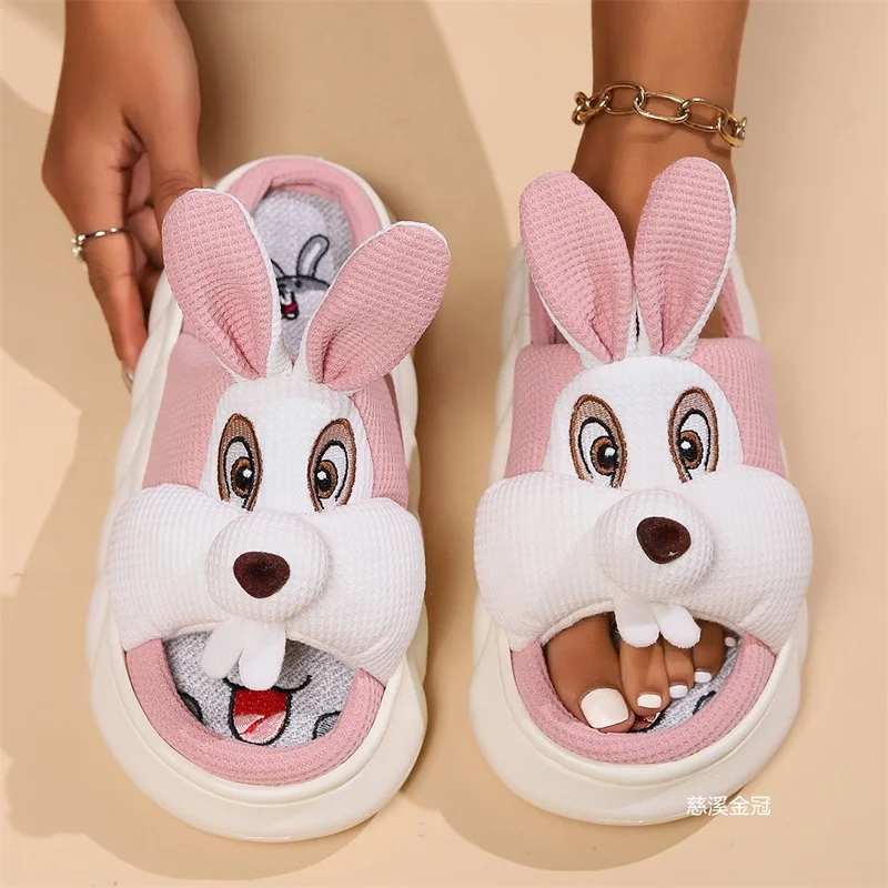 Comfortable Rabbit Decoration Slip Resistant Women Home Shoes Closed Toe Slippers Indoor