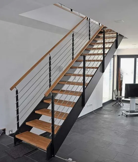 black metal stairs with wood steps double spine steel support straight stair with metal railing
