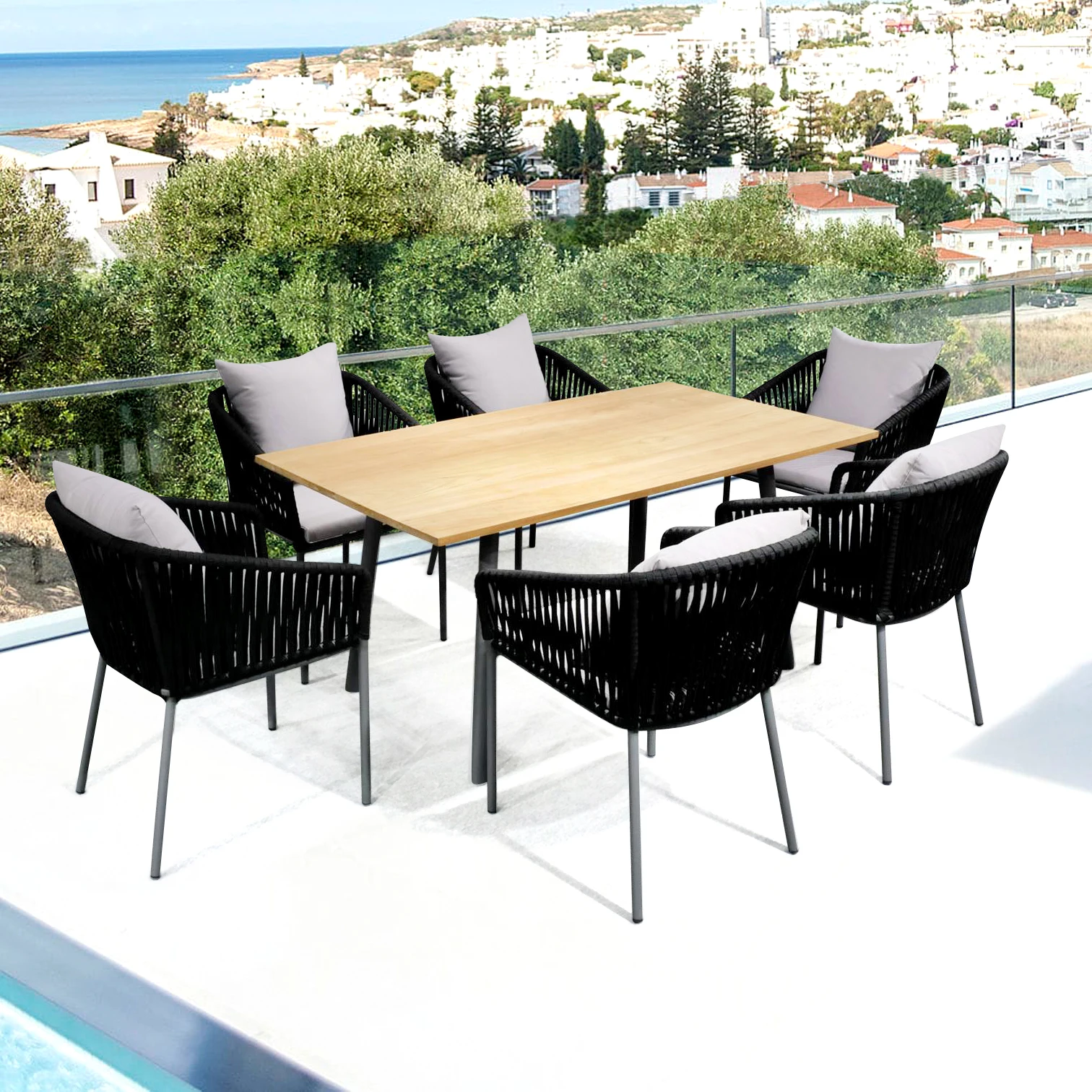 Outdoor dining for Hotel Bistro Commercial Restaurant And Cafe 9 Piece 8 People Black Stackable Cross outdoor dining