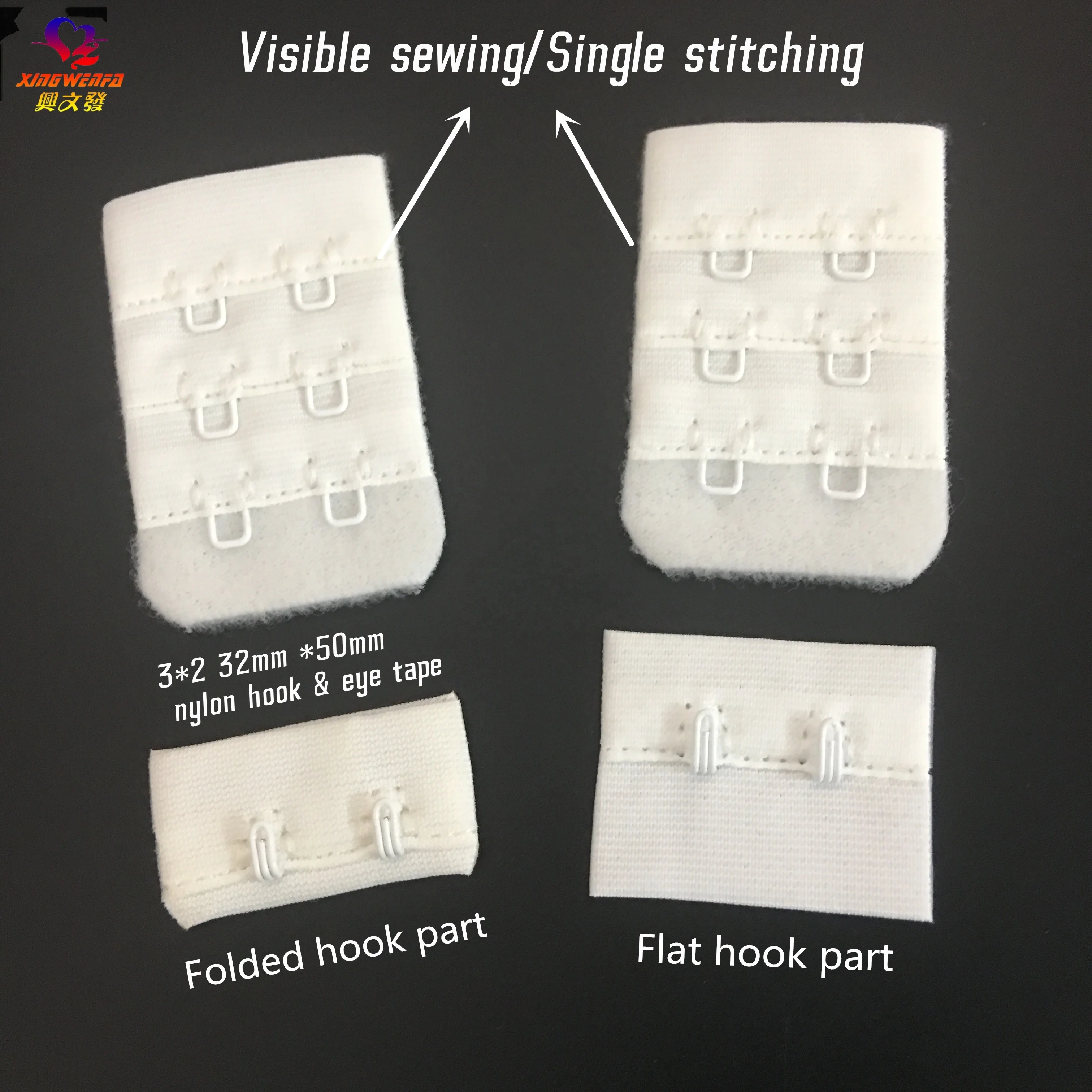 3*2 32mm high quality polyamide visible single stitching visible sewing white nylon hook and eye tape