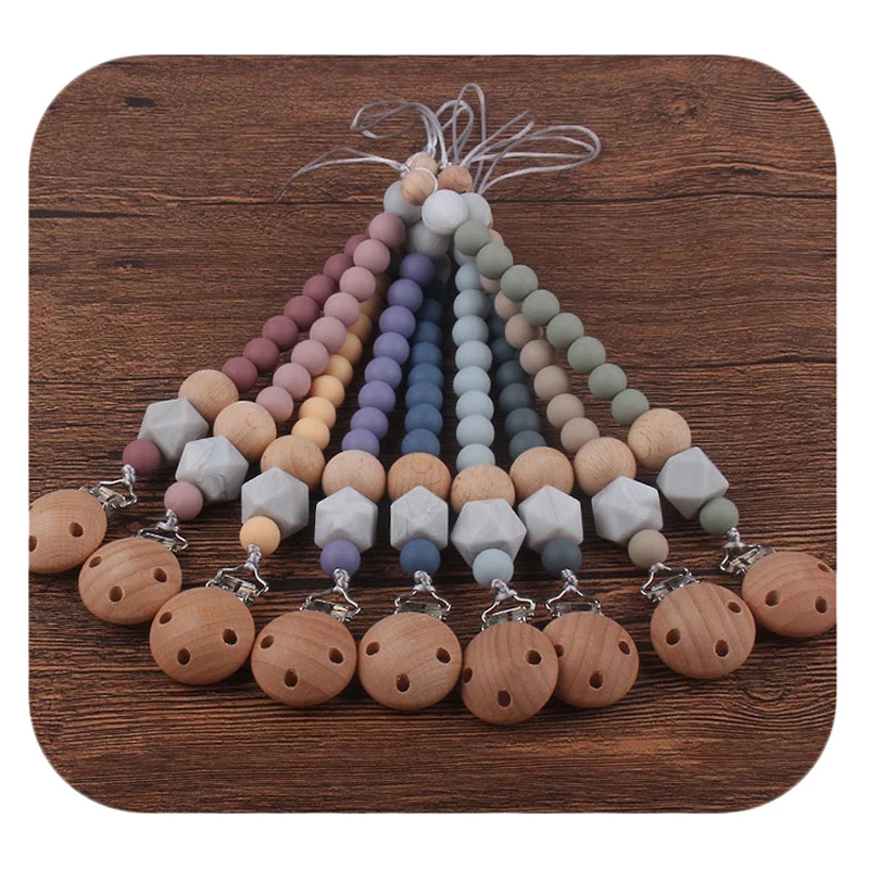 Custom Nursing Gifts Baby Infant Teething Toy Hook Silicon Wooden Pacifier Holder Dummy Clip Chain For Girls Boys