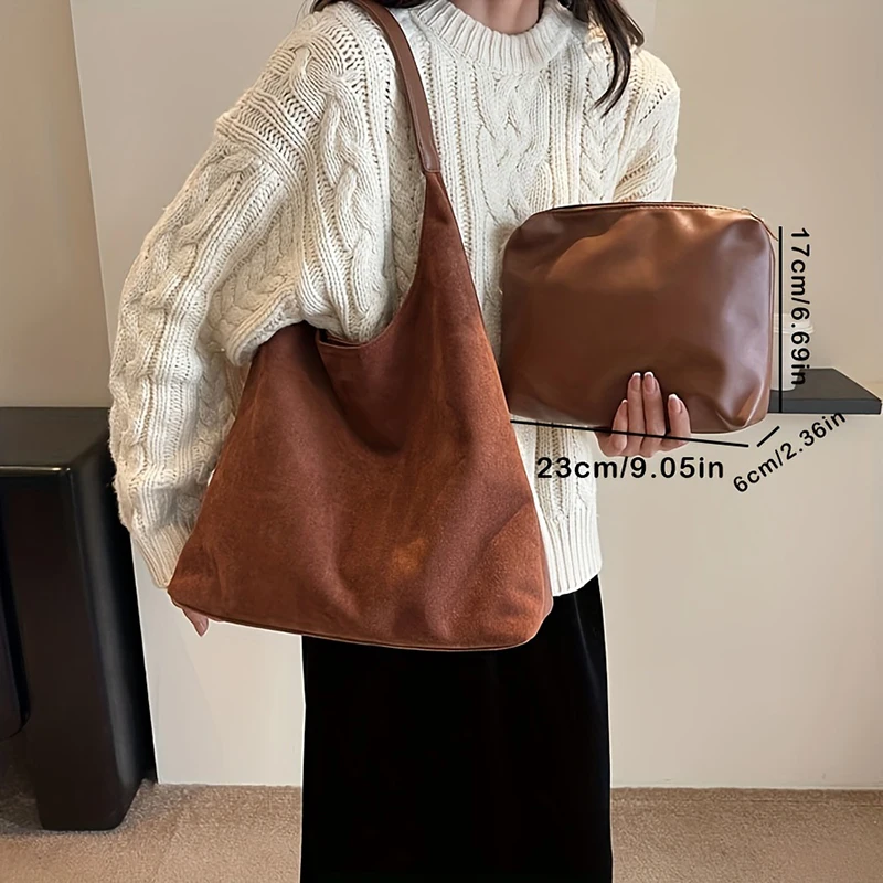 Luxury Daily Vintage Leather Suede Hobo Tote Bags Set Soft Large Women Brown Suede Shoulder Handbag Purse