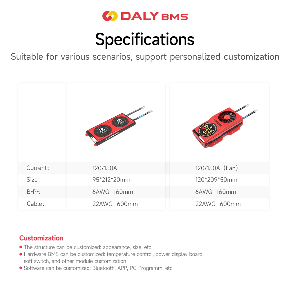 Daly Smart LFP BMS Energy Storage System Lithium Lifepo4 Battery Pack 15S 16S 48v 120A 150A 200A Management System BMS
