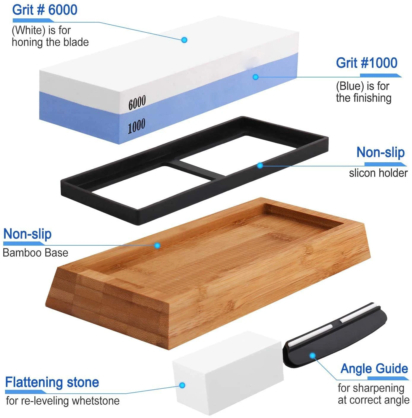 Knife Sharpening Stone Dual Side Grit 1000/6000 With Nonslip Bamboo Base and Best Seller Sharpeners