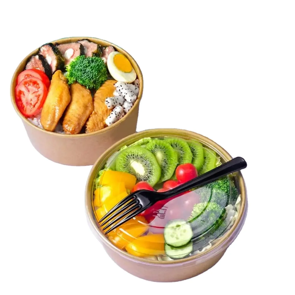 Disposable Custom Logo Round Kraft Paper Fruit Salad Bowls Takeaway Soup Noodle Fast Food Container