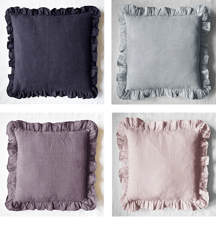 45x45cm organic European  Stone washed 100% Flax linen cushion cover Sublimation Blanks Pillow Cases With ruffled edge