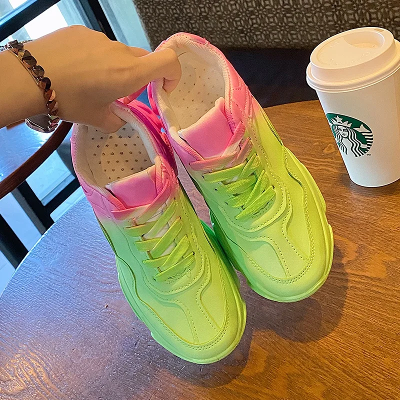 Women 5 CM Heel Chunky Shoes Large Size 35-41# Pink Color With Blue Or Green Color Block Shoes