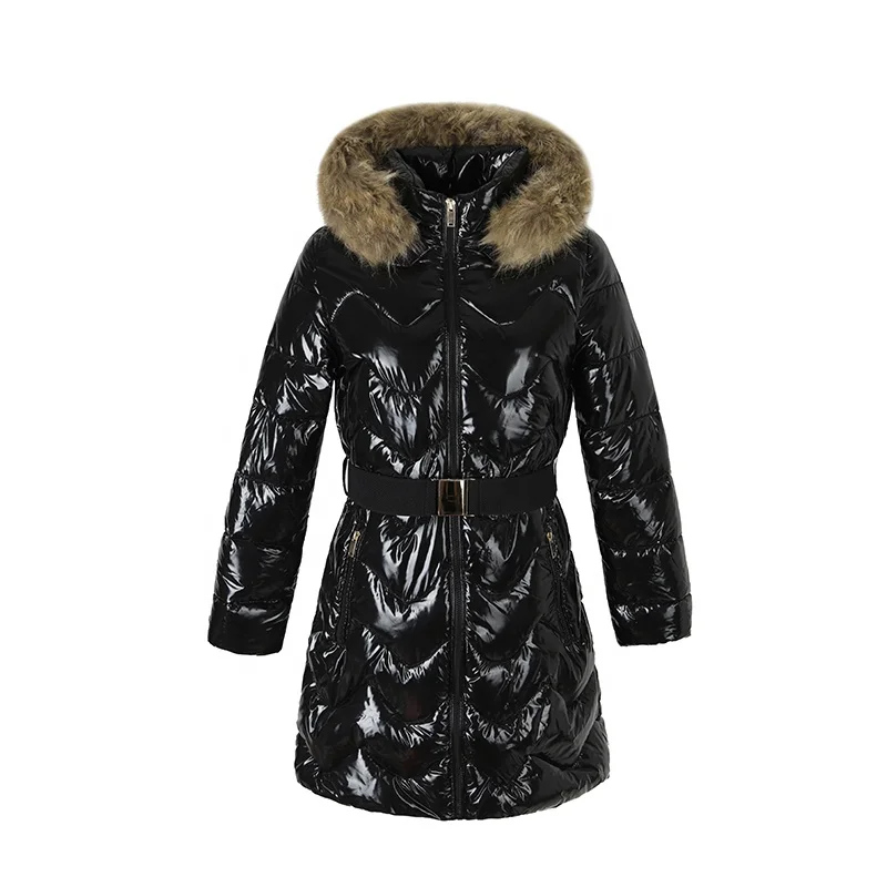 Waterproof Shiny Black Long Padded Fluffy Jacket Women Winter