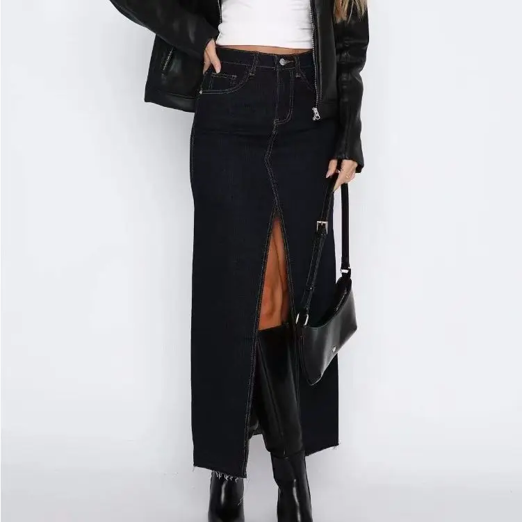 Elegant European and American Women s High Waisted Denim Skirt Fashionable Solid Color Half Skirt with Slit