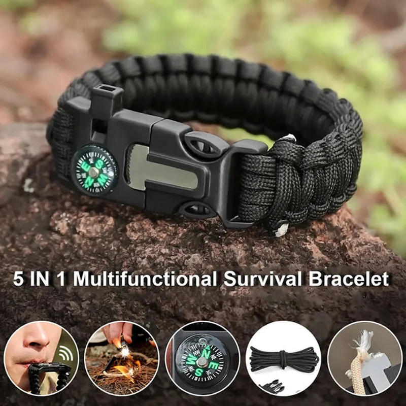 5 In 1 Multi-function Survival Paracord Bracelet Men Women Outdoor Camping Hiking Rescue Emergency Rope Bangles Compass Whistle