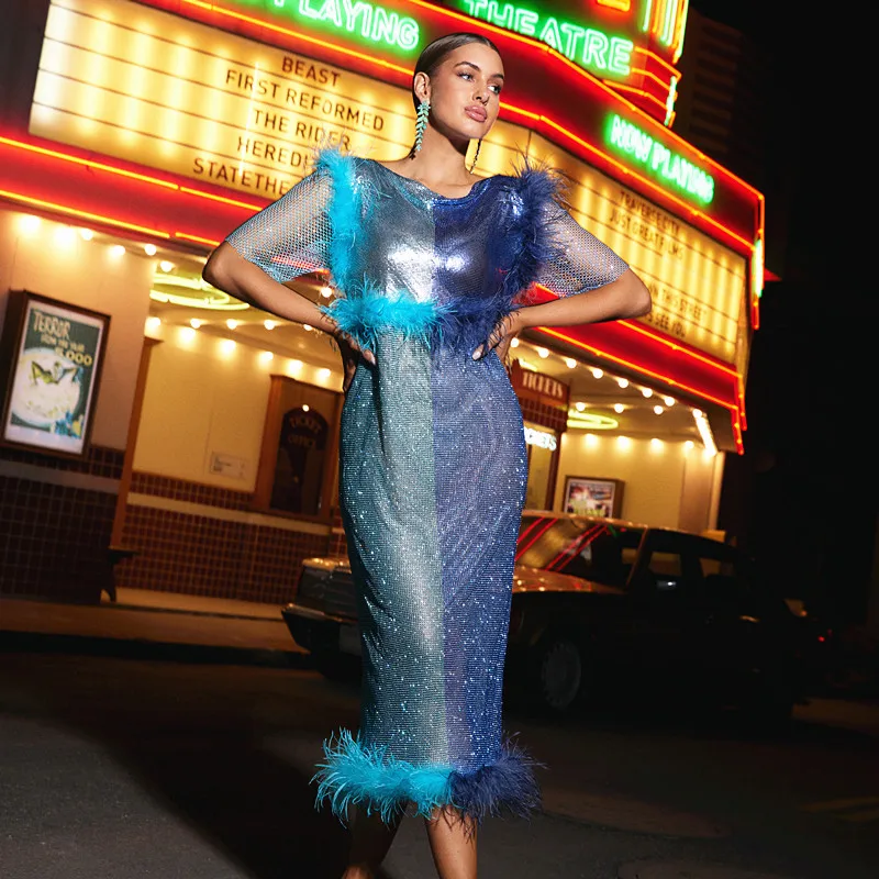 creative design blue feather rhinestone mesh long dress women sequin birthday evening party dress