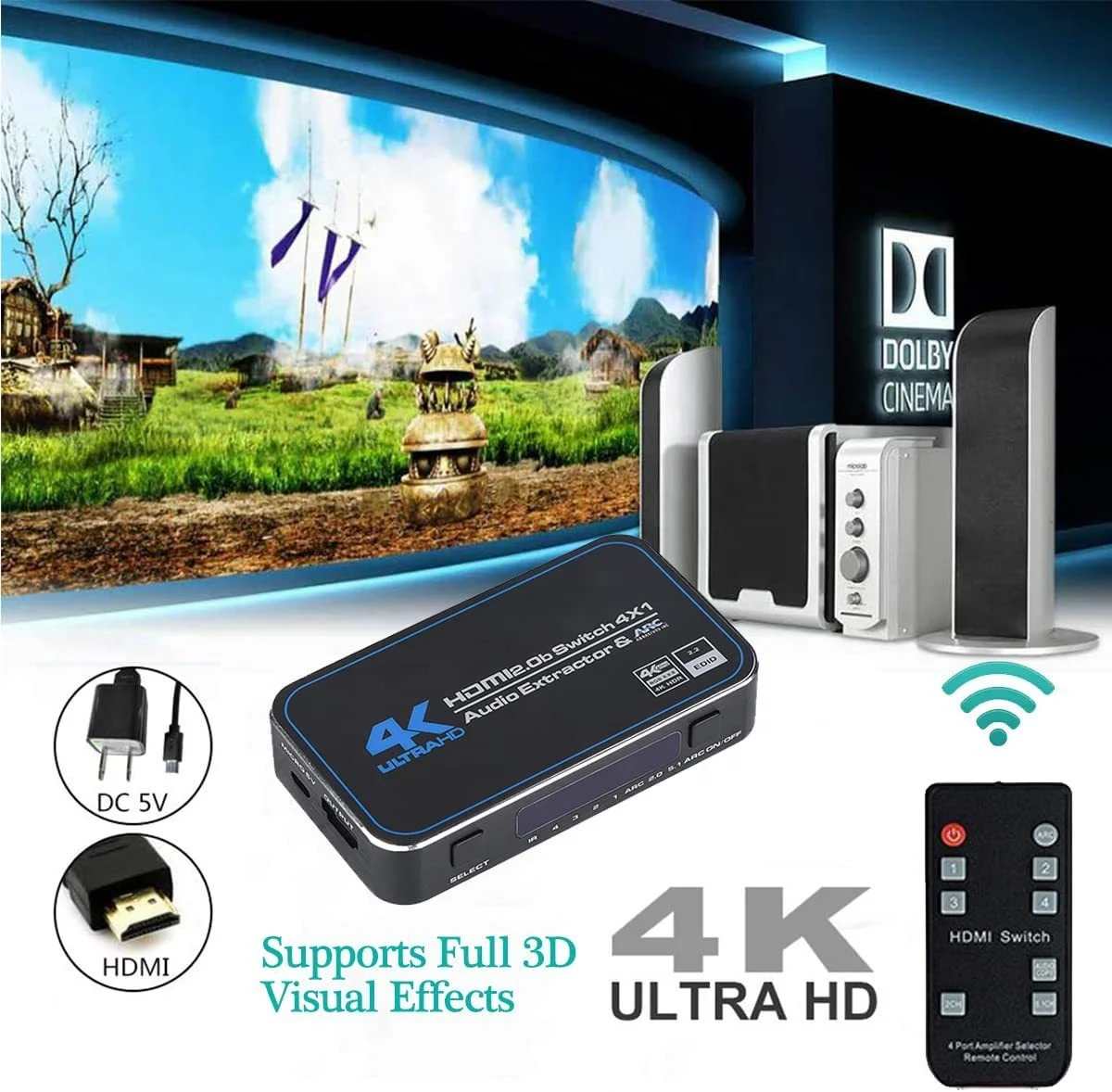 OZQ4 HDMI Switch 2.0 4K HDR 4x1 Adapter Switcher with Audio Extractor 3.5 jack optical fiber cable ARC splitter For HDTV