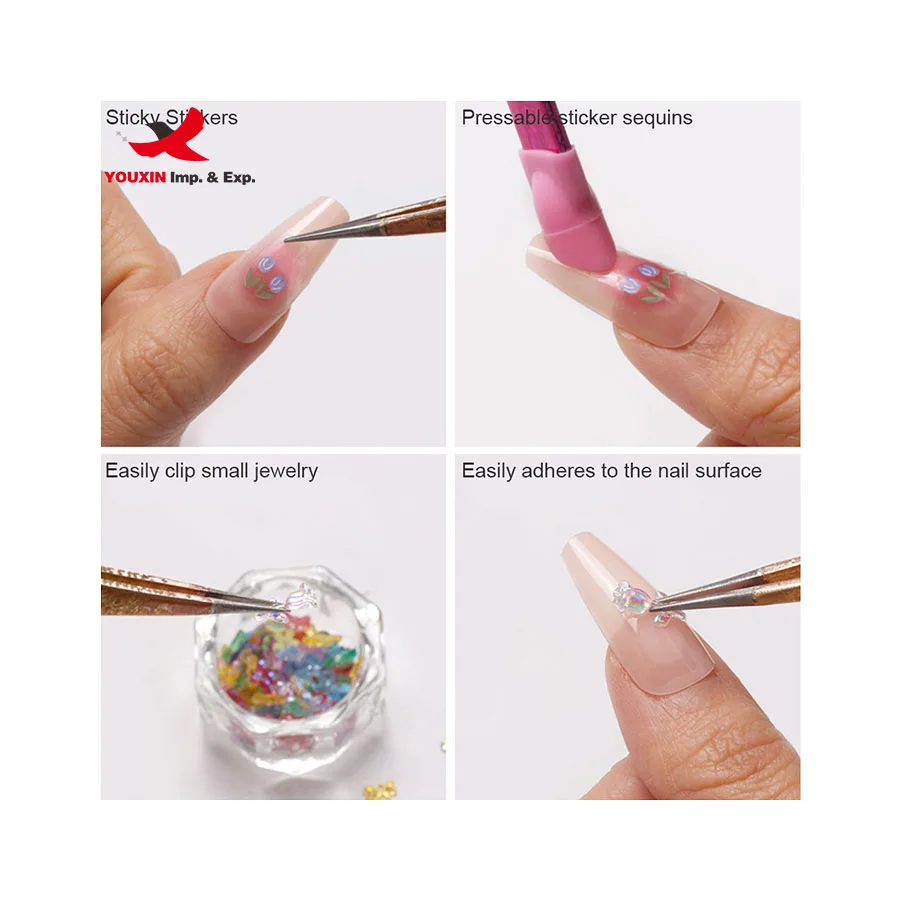 Multifunctional double headed tweezers for gripping nail stickers with silicone press rods for embossing nail art tool
