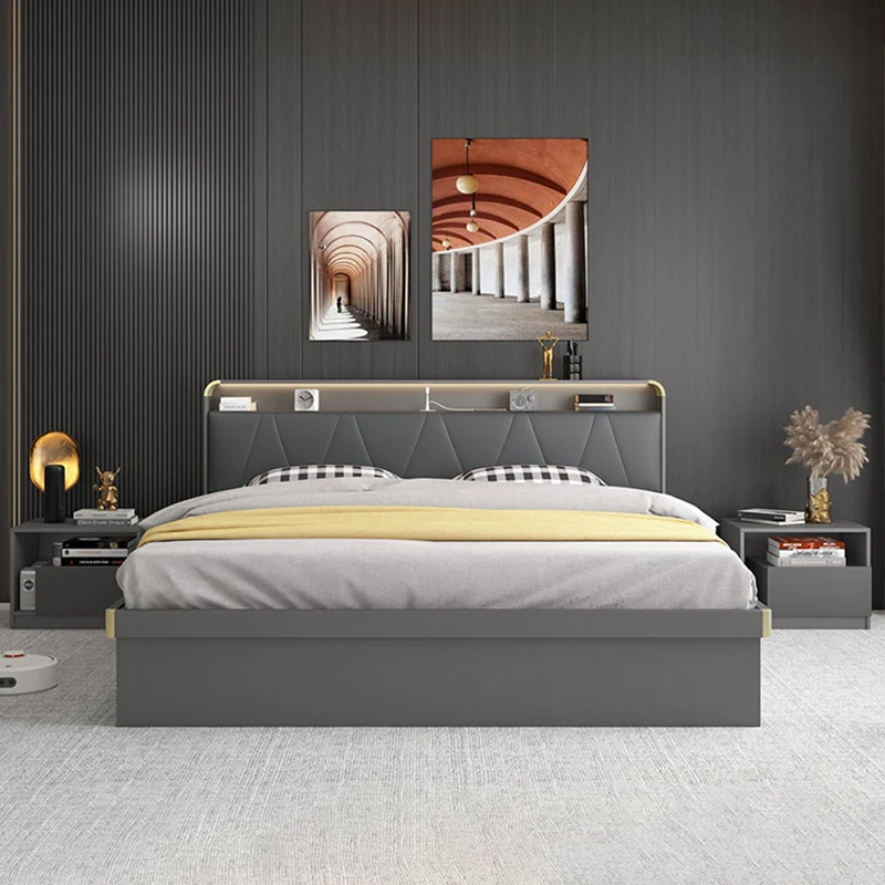 Foshan BedroomFurniture Wooden Bed Frame with Storage Double Queen Bed Frame With Drawers and LED Light