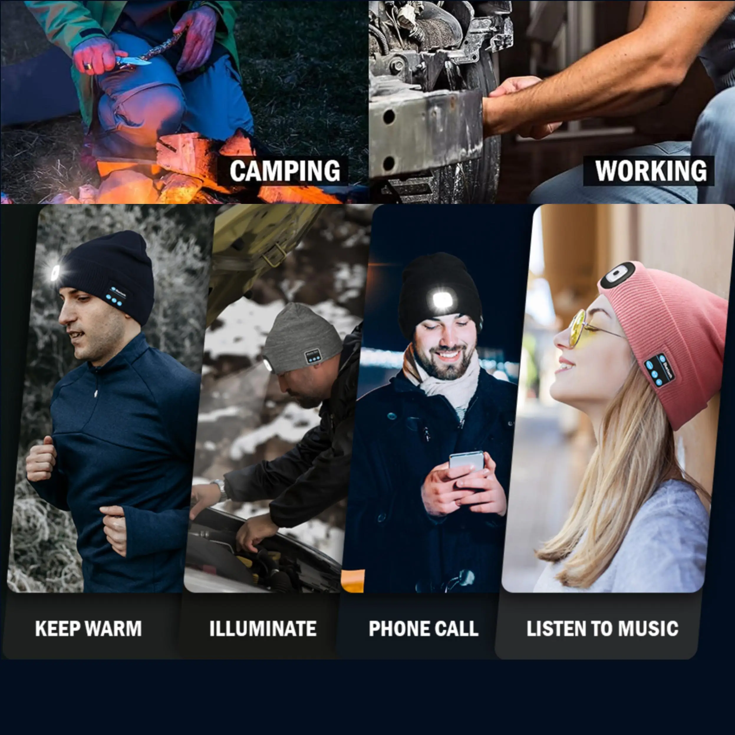 Unisex LED 125lm USB Recharge Multi-function Music Cap Removable Pull-over Speaker Headset Washable Knitted Hat Beanie Headtorch