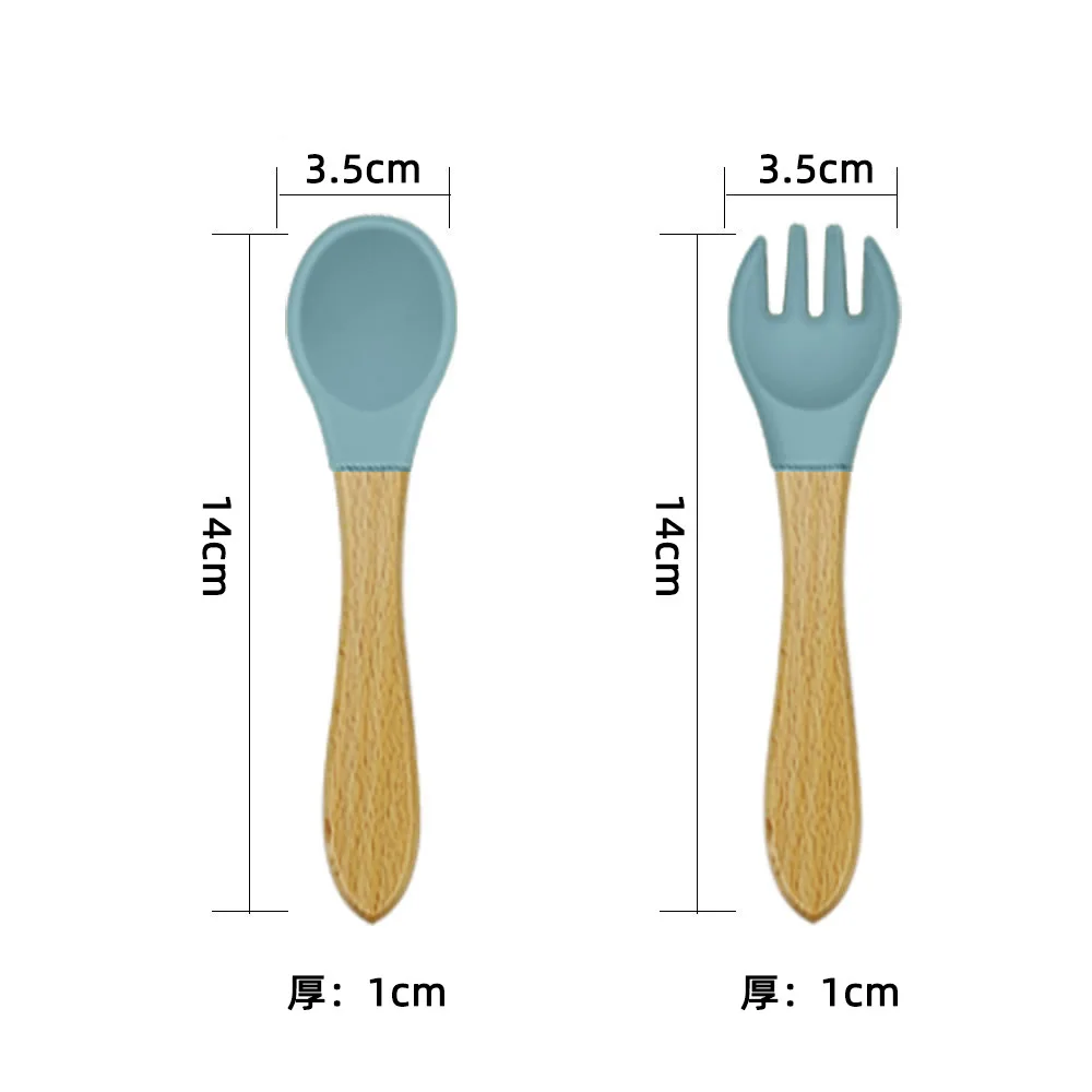 Baby food-grade silicone spoon and fork baby eating spoon children silicone wooden handle spoon tableware