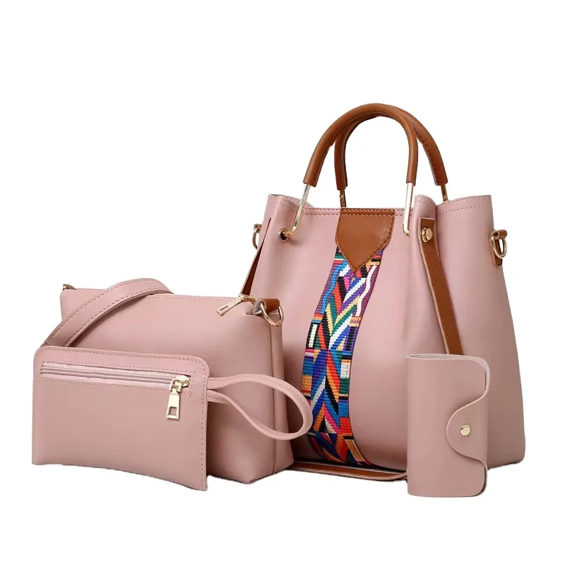 Customize New Model Pink Female Black Color Pu Woman Hand Bags Set Vendor