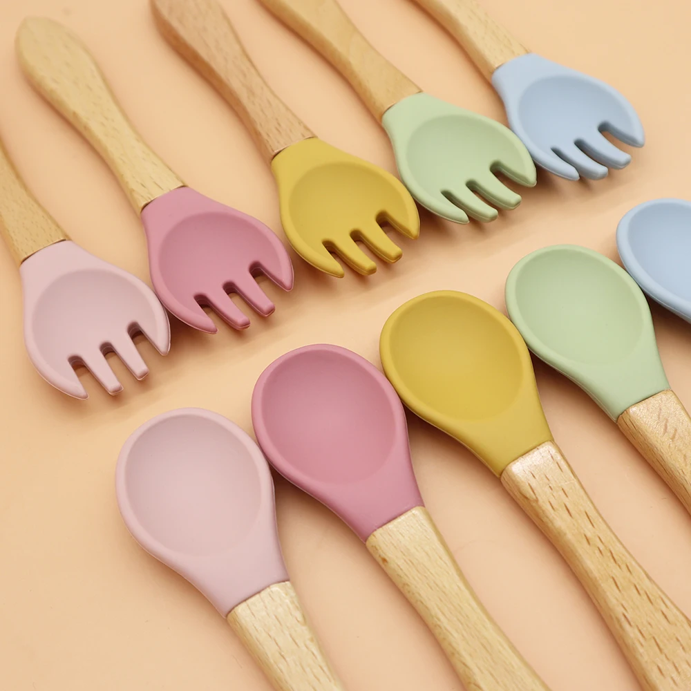 Factory BPA Free Kids Dinning Tableware Toddler Led Weaning Training Wood Silicon Baby Spoon