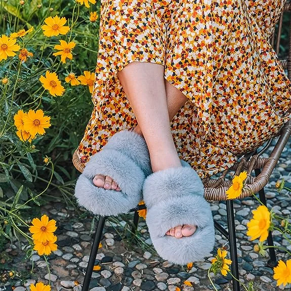 Fuzzy Open Toe Two Band Slides with Fleece Lining and Rubber Sole SLIPPERS WITH COWGIRL HAT Cozy Cowboy smile slipper