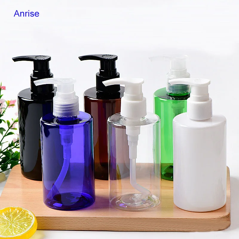Wholesale 200ml Brown Black Transparent Green Blue White PET bottle Flat Shoulder Empty Plastic Bottles with Lotion Pump