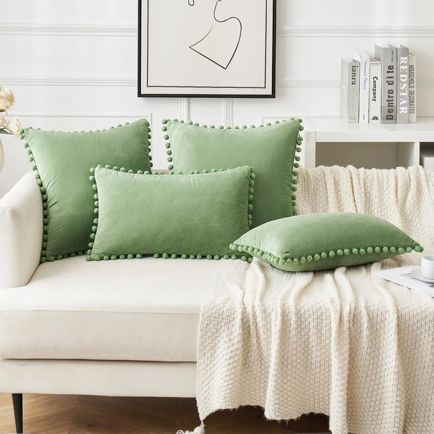 Farmhouse Cushion Pillow Covers Decorative Throw Pillow Case Cover Sage Green Throw Pillows With Pompoms
