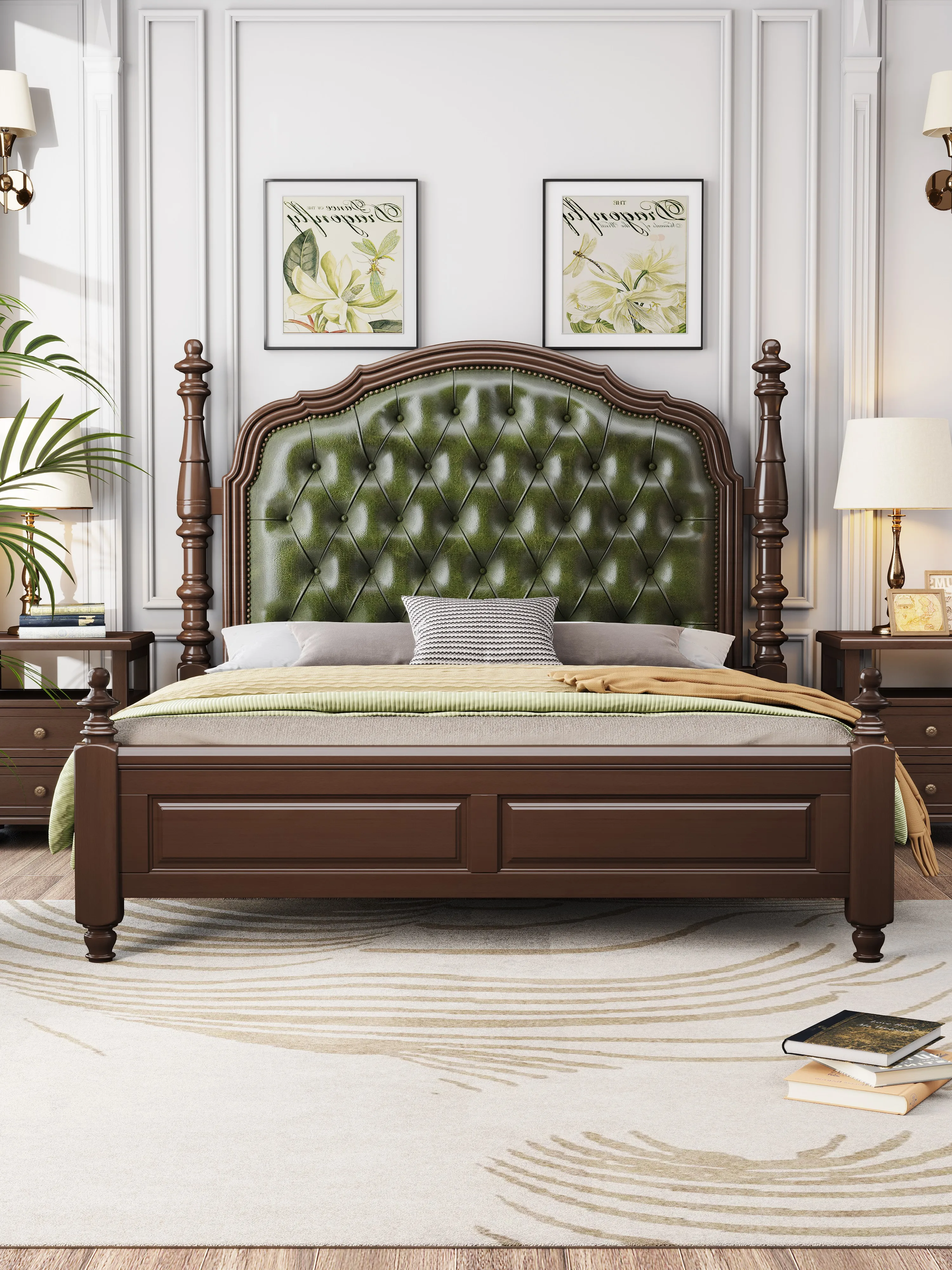 American Countryside Solid Wood Bed Platform Bedroom Storage Leather Upholstered Beds Retro Style Double Bed
