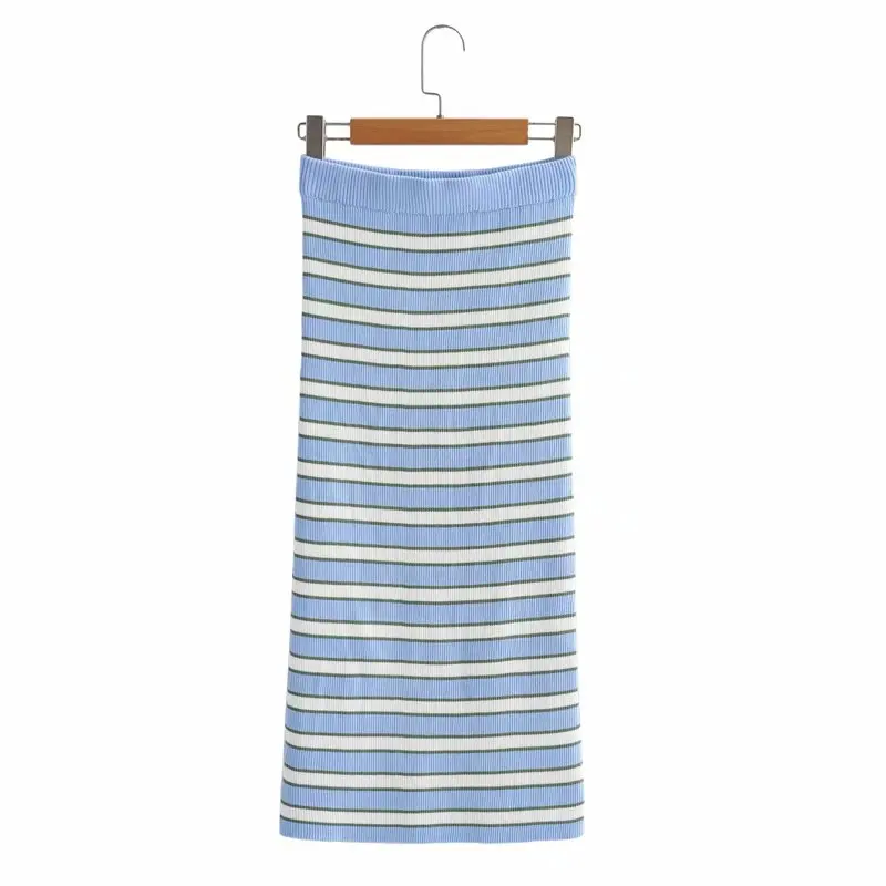 
Womens Knitted Straight Skirts Stripe Basic Ladies High Waist Elastic Band Midi Skirt Streetwear 