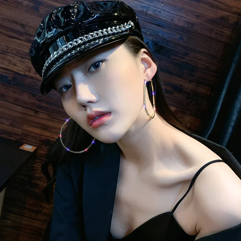  Fashion Statement Jewelry S925 Post Crystal Big Round Hoop Earrings 7.3CM Geometric Rhinestone