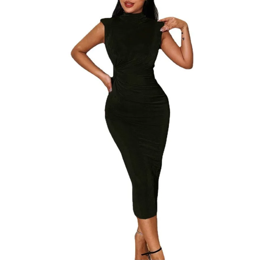 2022  Women Half Turtleneck Work Clothes Woman Office Elegant Shoulder Pads Evening Dress