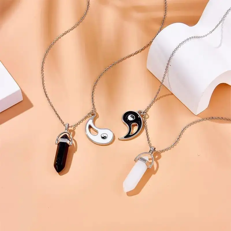 New Yin Yang Tai Chi Natural Stone Crystal Hexagonal Column Pendant Necklace Fashionable Magnetic Pendant Necklace for Couples