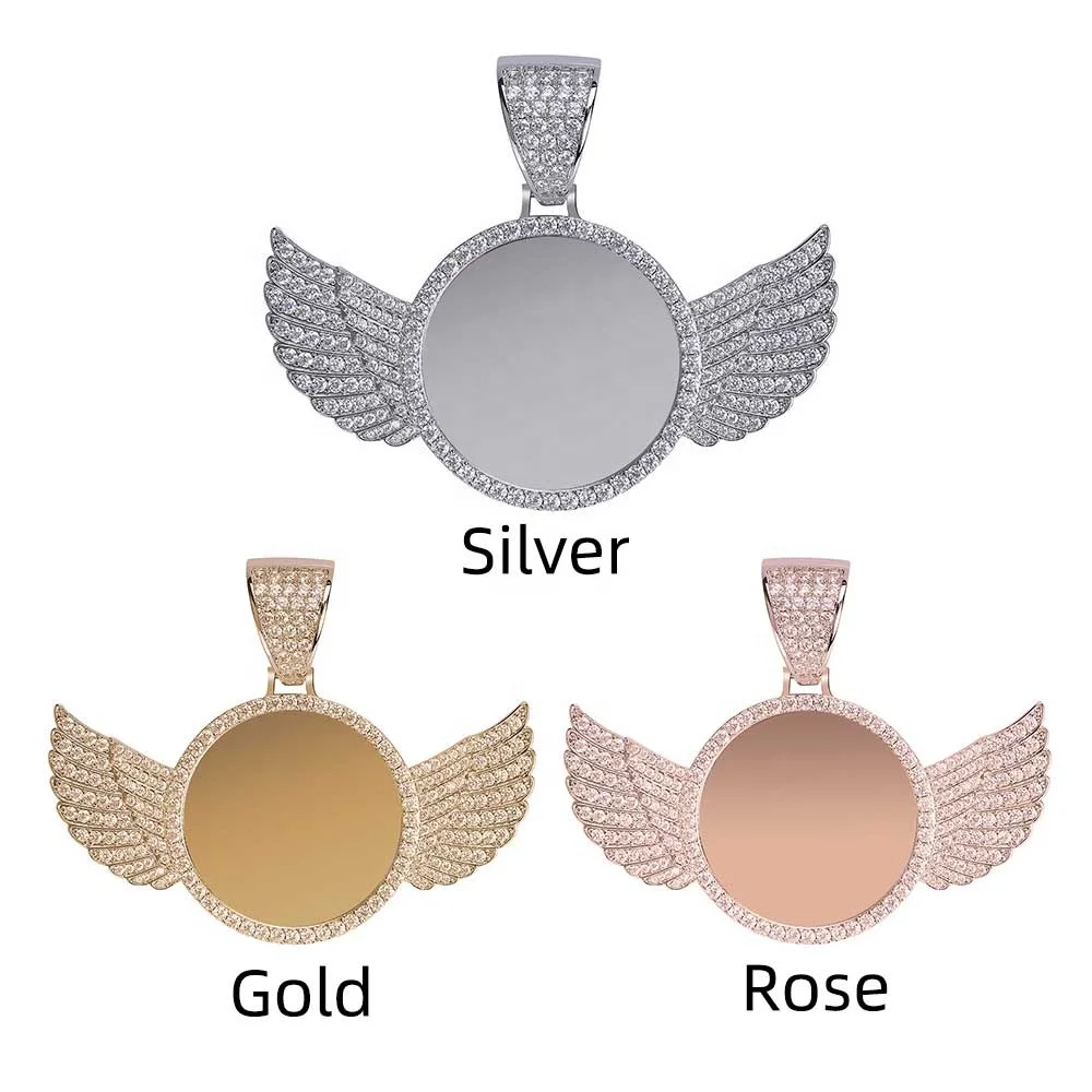 New Custom Made Photo Angel Wings Charms Pictures Pendants Gold Silver Color Bling Iced Out Cubic Zirconia Women Hip hop Jewelry